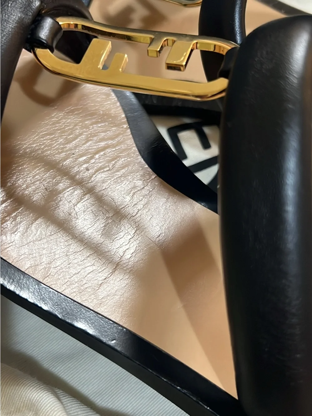 Fendi Black Leather Sandals with Gold Logo Accent